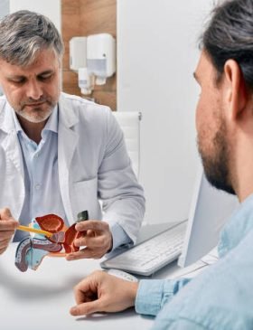 Doctor urologist consulting patient with prostatitis, explaining to him methods of treatment using anatomical model of male reproductive system. Prostatitis treatment